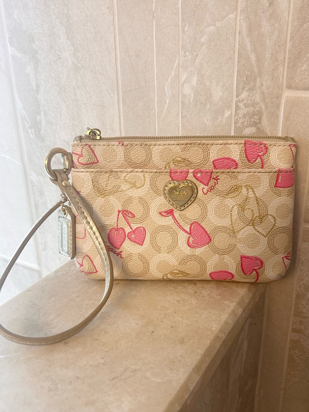 COACH Cherry Heart Signature Wristlet